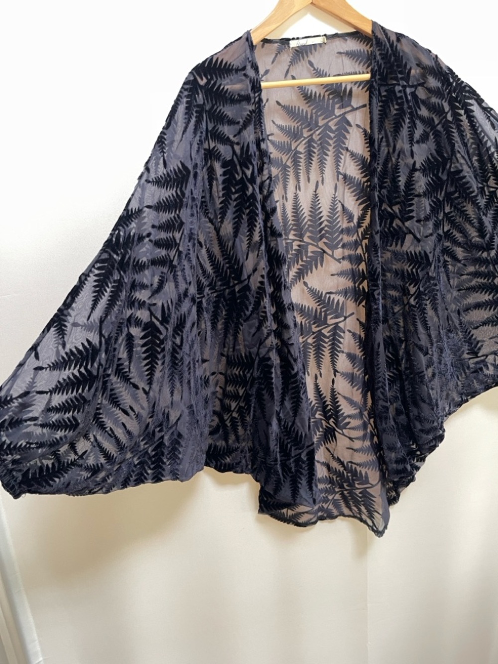 Sheer Burnout Velvet Kimono Black Fern Duster, Cover-up | Boho Lagenlook Layer - Picture 8 of 8